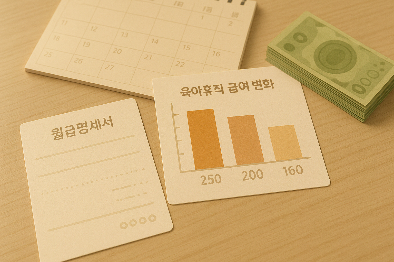 책상 위에 놓인 월급명세서와 육아휴직 급여 변화를 나타낸 막대 그래프