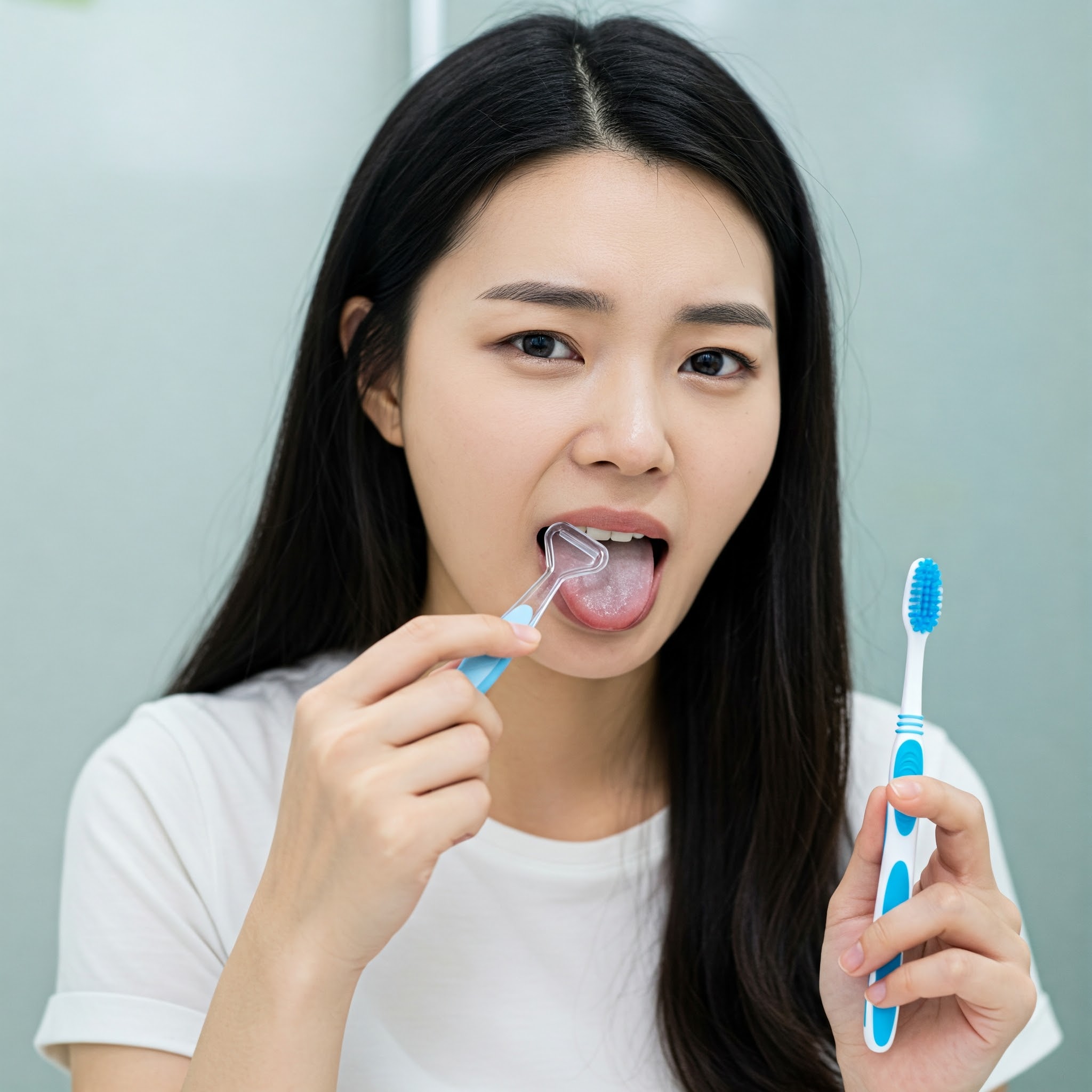 양치 후 혀클리너도 함께 사용하는 여성