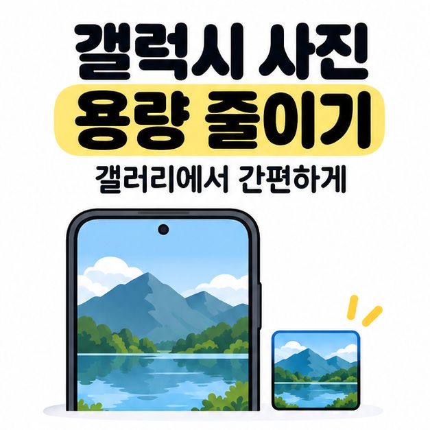 갤럭시 사진 용량 줄이기와 갤러리에서 간편하게라는 문구 아래 산과 호수 사진을 띄운 스마트폰과 작은 같은 풍경 사진이 놓여 있다.