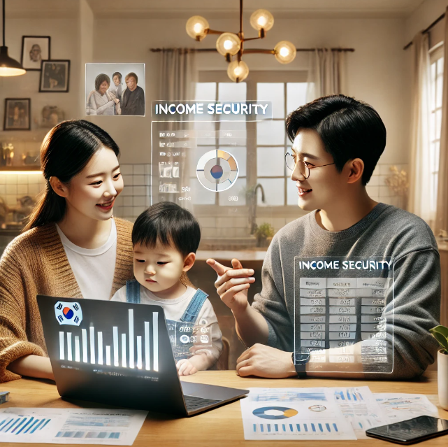가족과 함게 미래를 계획하며 소득 보장을 논의하는 부부
