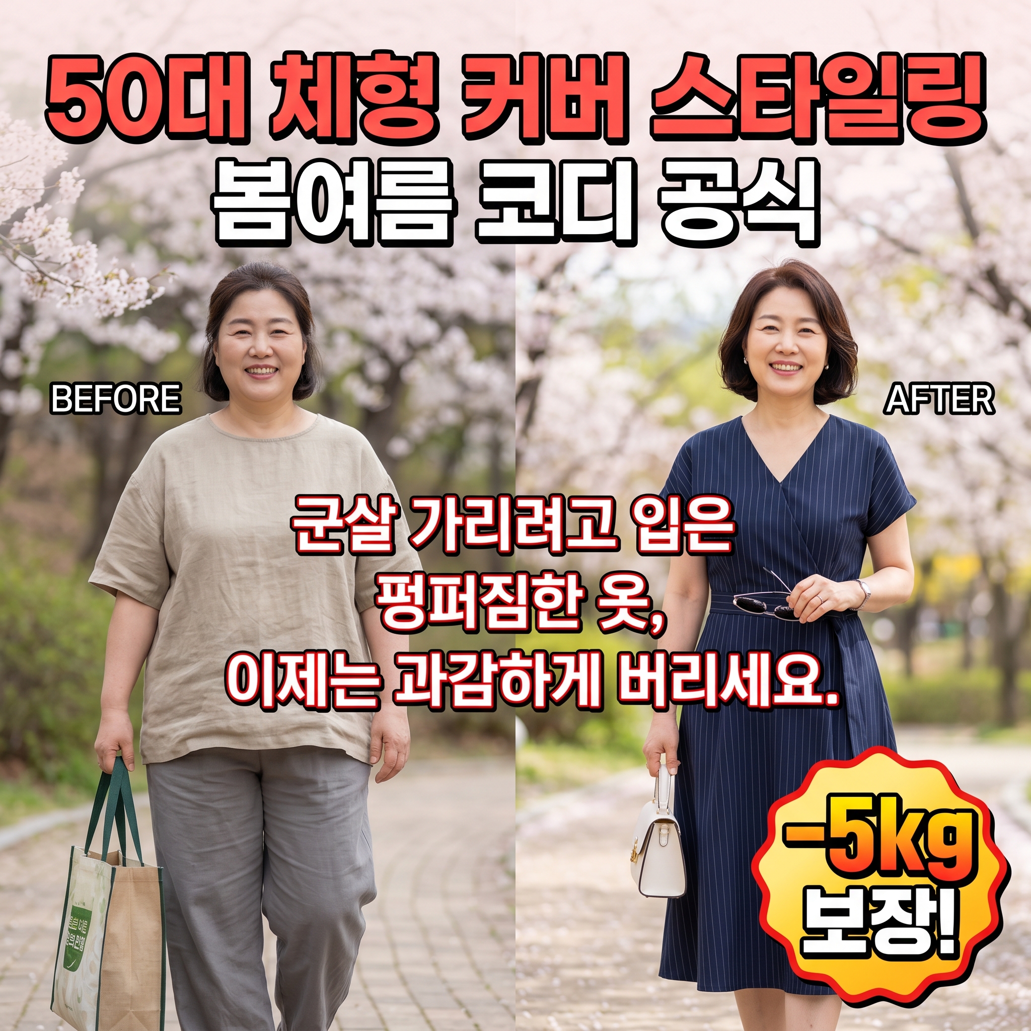 -5kg 보장! 통통한 50대 여성을 위한 봄여름 코디 공식, 펑퍼짐한 옷은 이제 버리세요