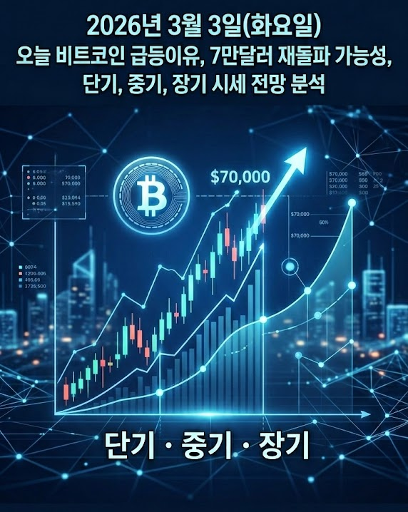 2026년 3월 3일(화요일) 오늘 비트코인 급등이유, 7만달러 재돌파 가능성, 단기, 중기, 장기 시세 전망 분석