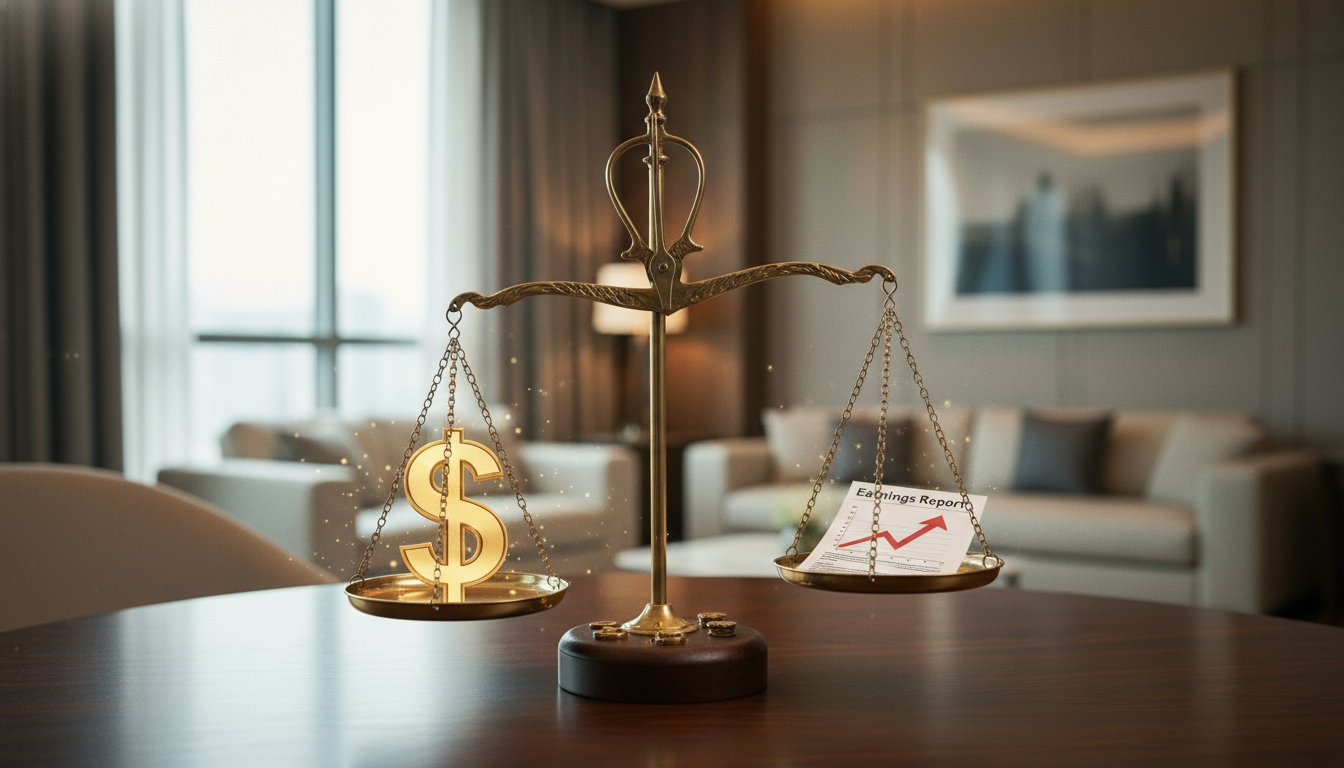 A scale with a dollar sign ($) on one side and an earnings report on the other, tipping towards the dollar side showing increased profits.