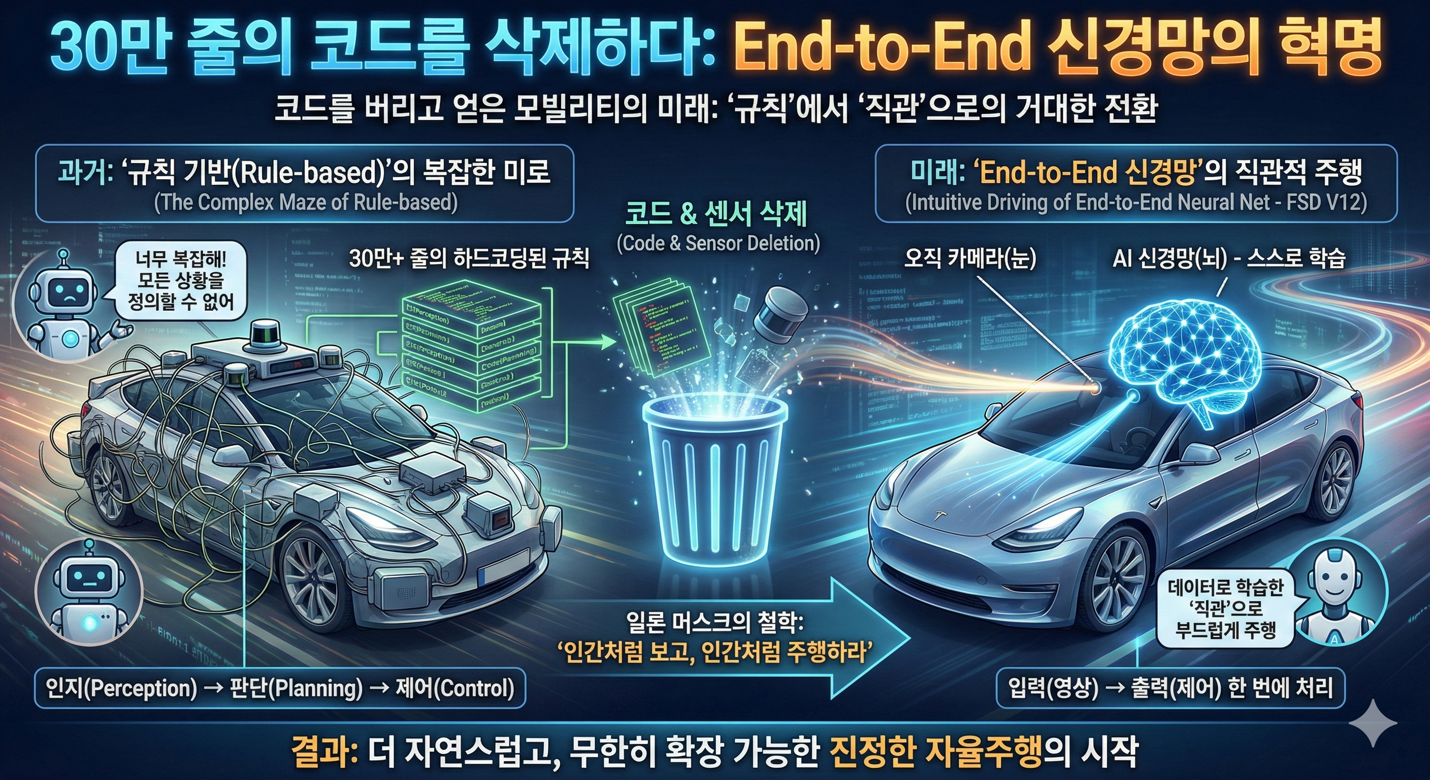 기존 30만 줄의 C++ 코딩 기반 룰 베이스 방식을 대체한 테슬라 FSD V12의 End-to-End 신경망(Neural Network) 아키텍처 데이터 처리 구조도