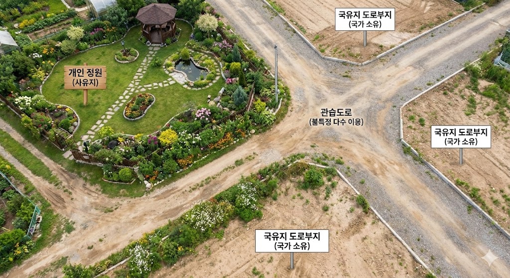 국가 도로부지 일부를 마당처럼 사용하고 있는 주택과 그 옆을 지나가는 주민들의 통행로를 표현한 일러스트