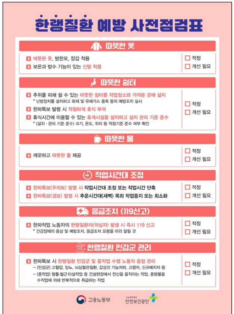 한파 안전 5대 수칙, 현장에서 바로 쓰는 법(출처:고용노동부)