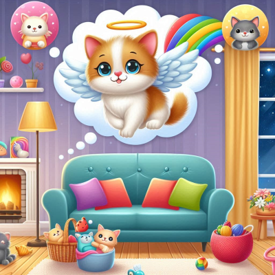 고양이가 구름을 타고 날며 별들과 무지개를 바라보고 있다.