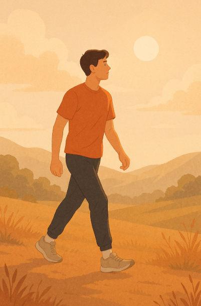 넘어지고 다시 일어서며 먼 곳을 바라보는 사람 모습