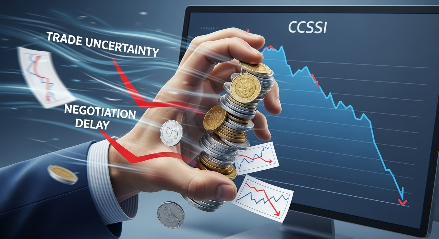 무역협상DELAY, TRADE UNCERTANINTY 로 CCSSI 가 떨어지고 있는 그래픽