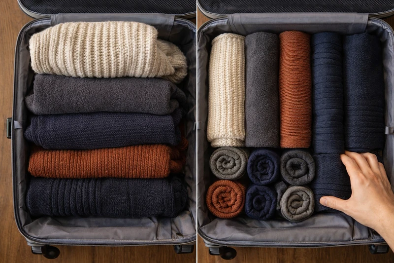 캐리어 내부를 위에서 비교한 이미지로, 왼쪽에는 겨울옷을 접어서 쌓아 빈 공간이 많이 남은 상태가, 오른쪽에는 같은 양의 옷을 김밥처럼 말아 촘촘하게 세로로 배치해 공간을 더 효율적으로 활용한 모습이 담긴 장면