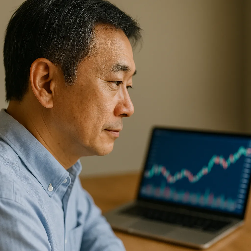 노트북으로 주식 차트를 보는 중년 남성