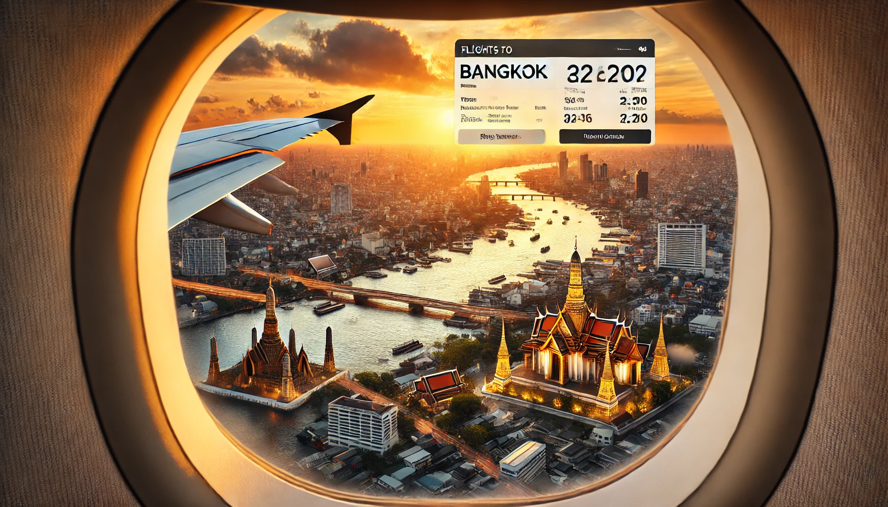 비행기 창문 너머로 보이는 방콕 전경 또는 항공권 검색 화면