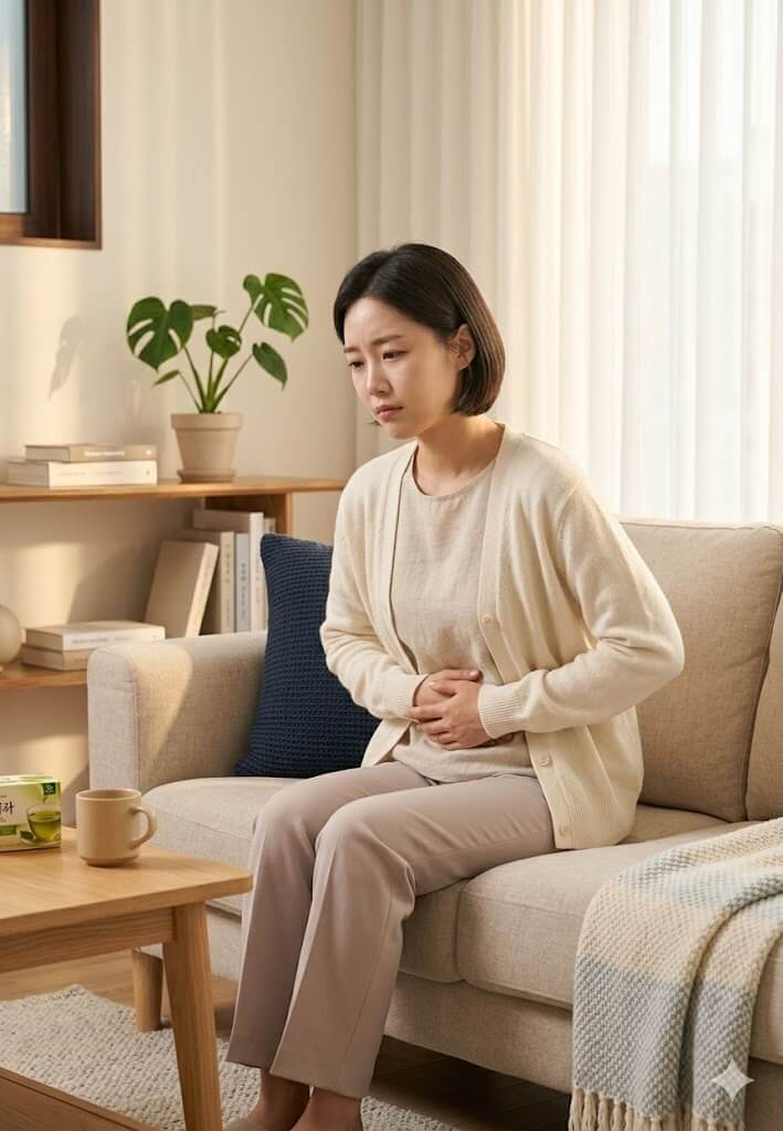 장염으로 복통을 호소하는 쇼파에 앉아 있는 여성