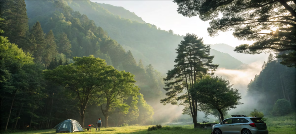 안개가 내려앉은 숲속에서 차박하는 모습