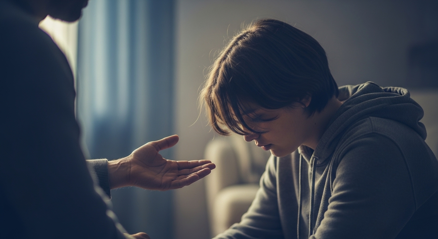 성인이 distressed 청소년에게 손을 내밀며 공감과 지지를 표현하는 모습.