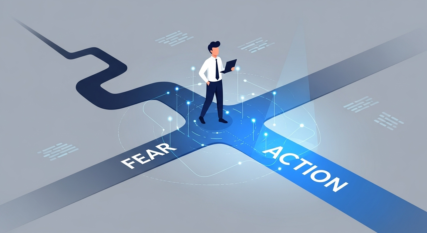 두려움의 갈림길에서 행동의 길을 선택하는 사람, 용기 있는 도전을 상징하는 추상적인 이미지