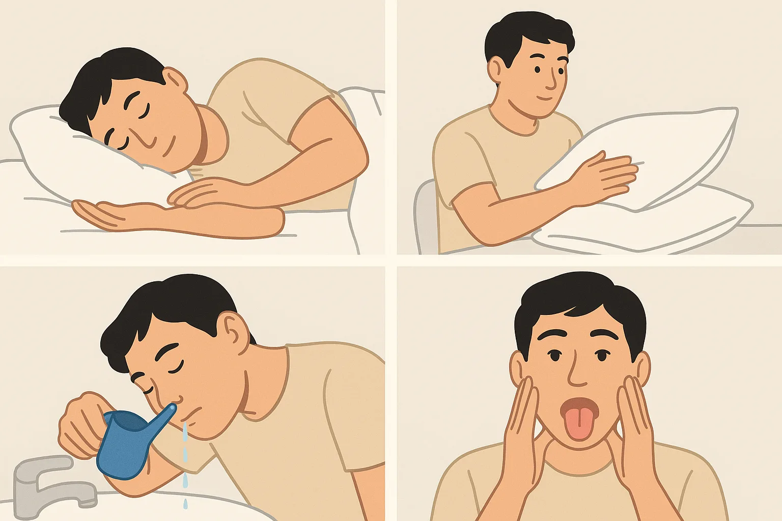 옆으로 누워 자는 사람, 베개 높이를 조절하는 모습, 코 세척기 사용, 혀와 입 근육을 스트레칭하는 장면