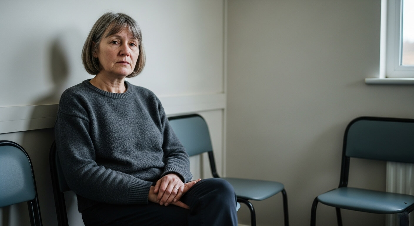 면허시험장 대기실 의자에 앉아 있는 중년 여성