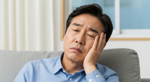 중년 남성이 드라마를 보고 피곤한 표정