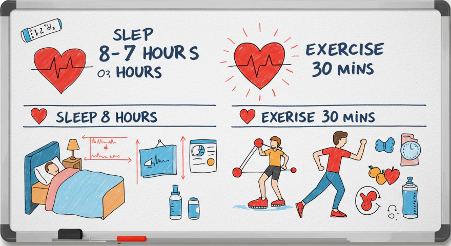 의사가 숙면 7~8시간&amp;#44; 운동 30분을 권장하는 심장 건강 예방 인포그래픽