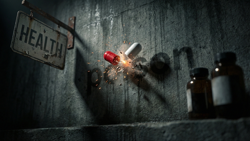 두 가지 영양제 알약이 충돌하는 이미지로, 영양제 조합이 잘못되면 건강에 해로울 수 있음을 경고합니다.