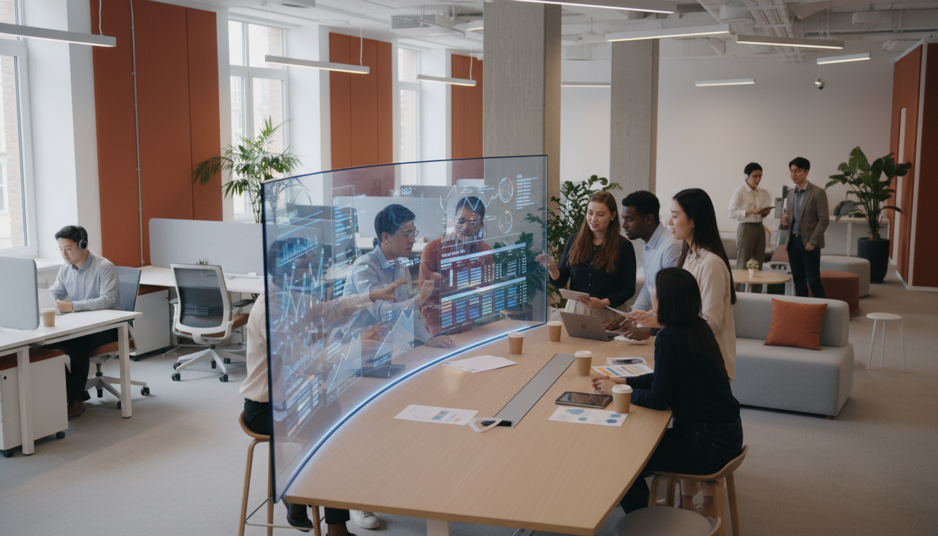 IT 기업 사무실에서 젊은 직장인들이 팀 프로젝트를 논의하며 열정적으로 일하는 모습.