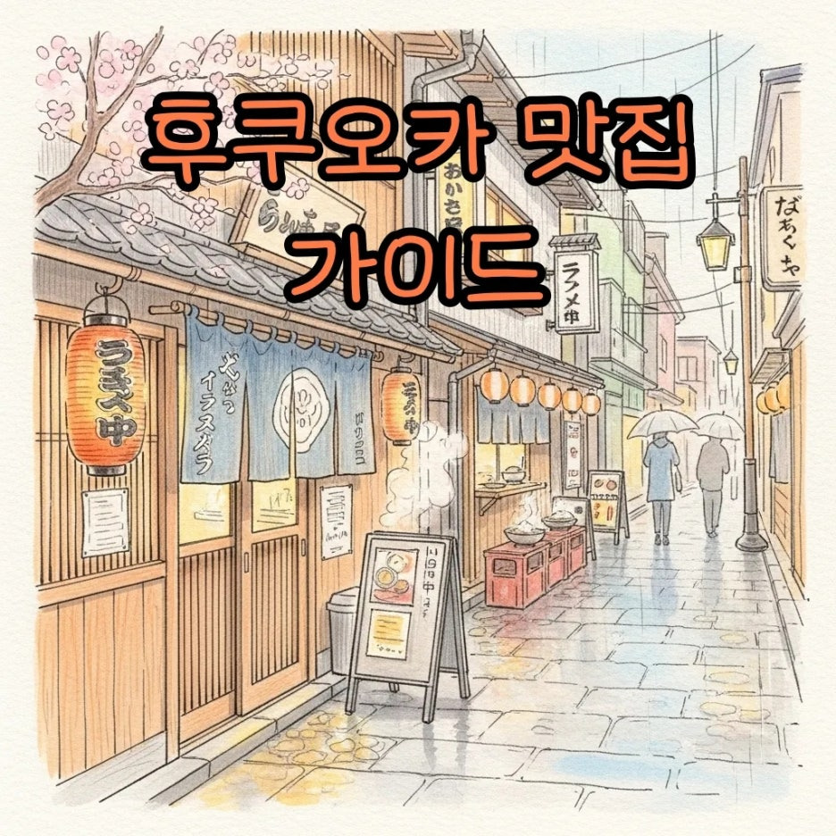 따뜻한 수채화 톤의 일본 후쿠오카 거리 풍경