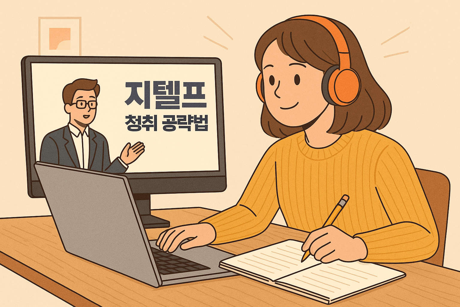 지텔프 청취 집중하는 수험생 일러스트