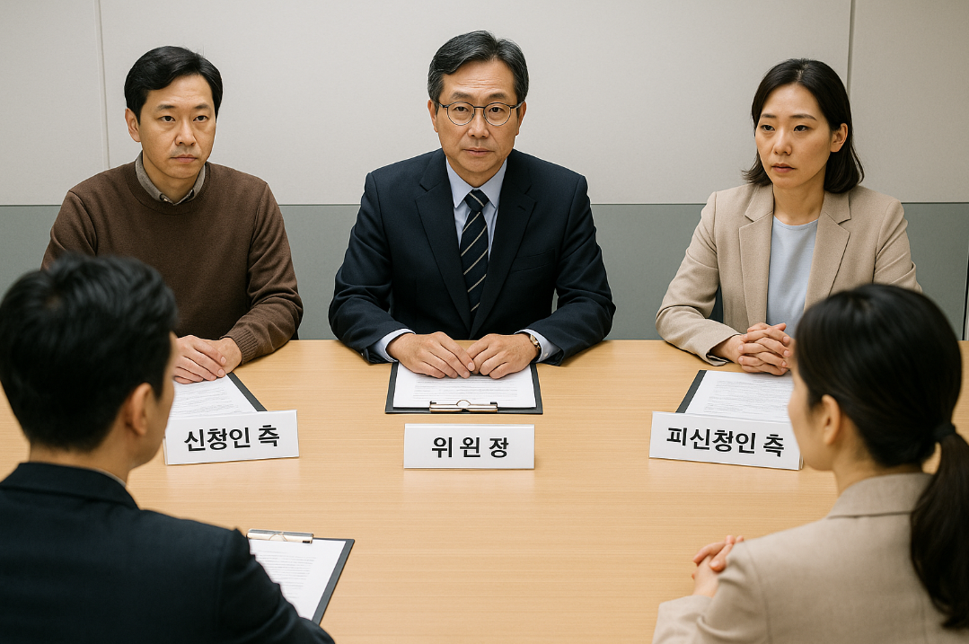 위원회 회의실에서 의견 청취 중인 양측 대표의 모습