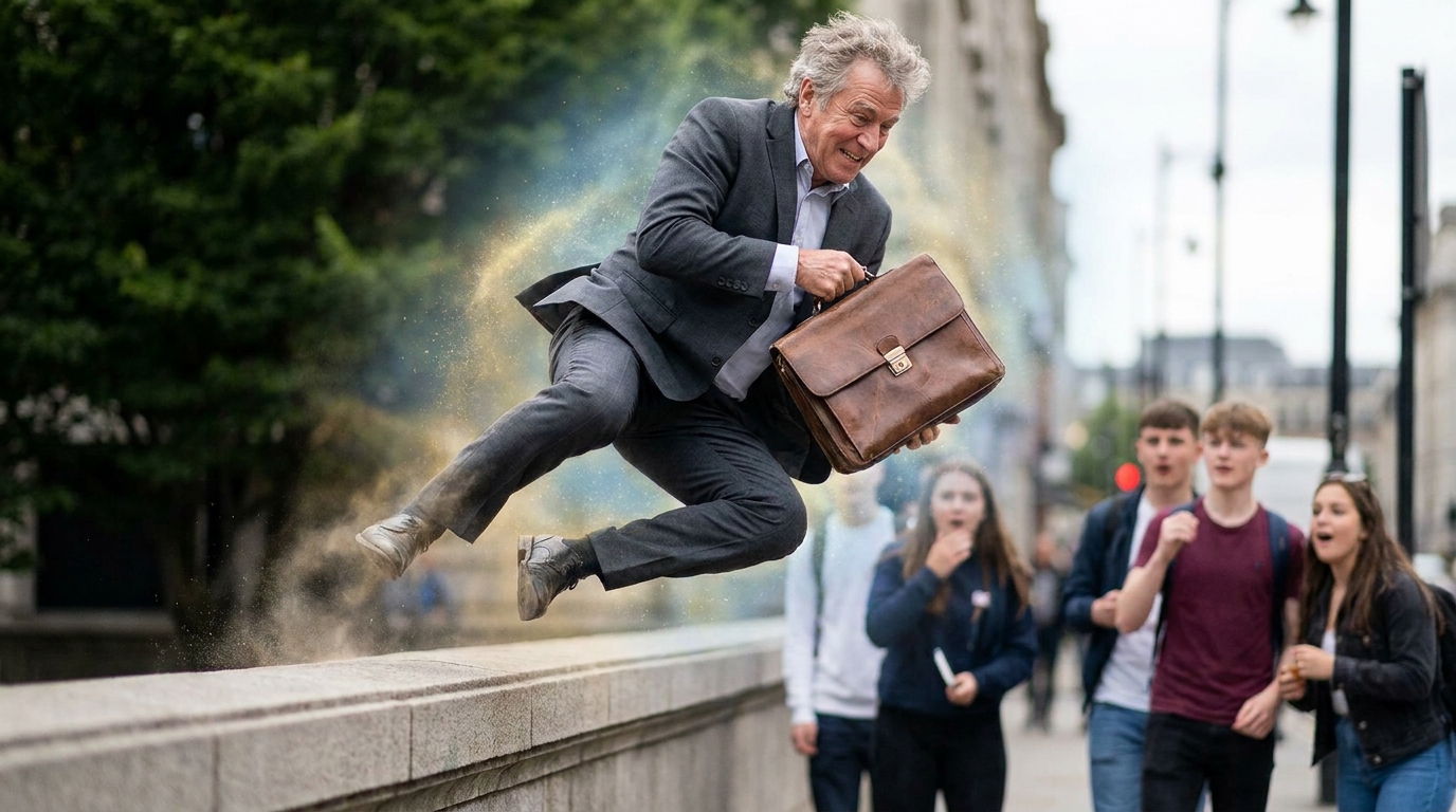 노화 역행 시술 후 신체 기능이 회복된 노인 자산가의 모습