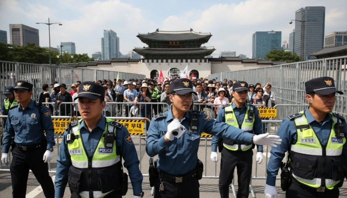 광화문 인근에서 대규모 인파를 통제하며 질서 유지를 위해 집중하는 경찰관과 보안 요원들, 바리케이드를 배경으로 다양한 보안 장비가 보임.