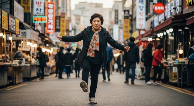 걸을 때 중심을 잃고 비틀거리는 중년 여성