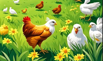 꽃들이 예쁘게 피어 있는 풀밭에서 닭들과 병아리들이 놀고 있는 그림