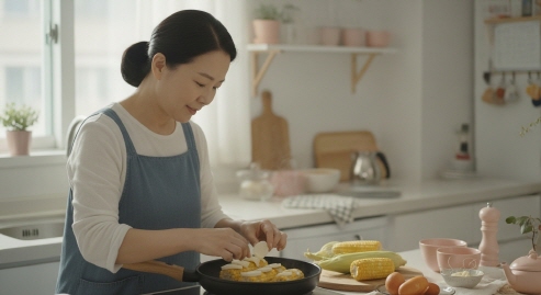 한국 주부가 팬에서 초당옥수수 위에 치즈를 얹어 콘치즈를 만드는 모습