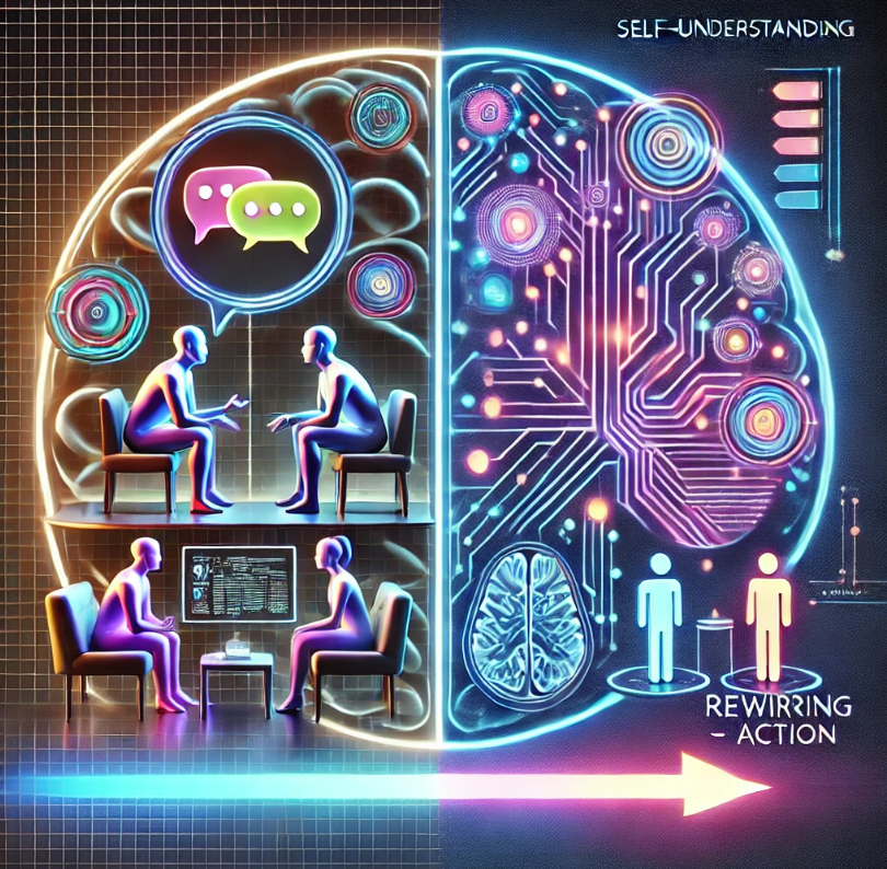 화면을 좌우로 나눠 한쪽에는 전통적인 심리상담을 상징하는 장면: 따뜻한 분위기의 상담실, 소파에 앉아 대화하는 사람, 감정을 나누는 말풍선. 다른 한쪽에는 뇌과학적 접근을 상징하는 장면: 뇌 속에서 신경회로가 재구성되는 모습, 자기이해를 상징하는 뇌 속의 미러(거울), 실행을 뜻하는 체크리스트나 루틴을 따라가는 사람의 실루엣. 전체적으로 균형 잡힌 구도이며, 중심에는 '자기이해 → 재구성 → 실천' 흐름을 암시하는 부드러운 화살표 또는 에너지 흐름이 연결됨. 하이테크하고 미래지향적인 스타일로 완성