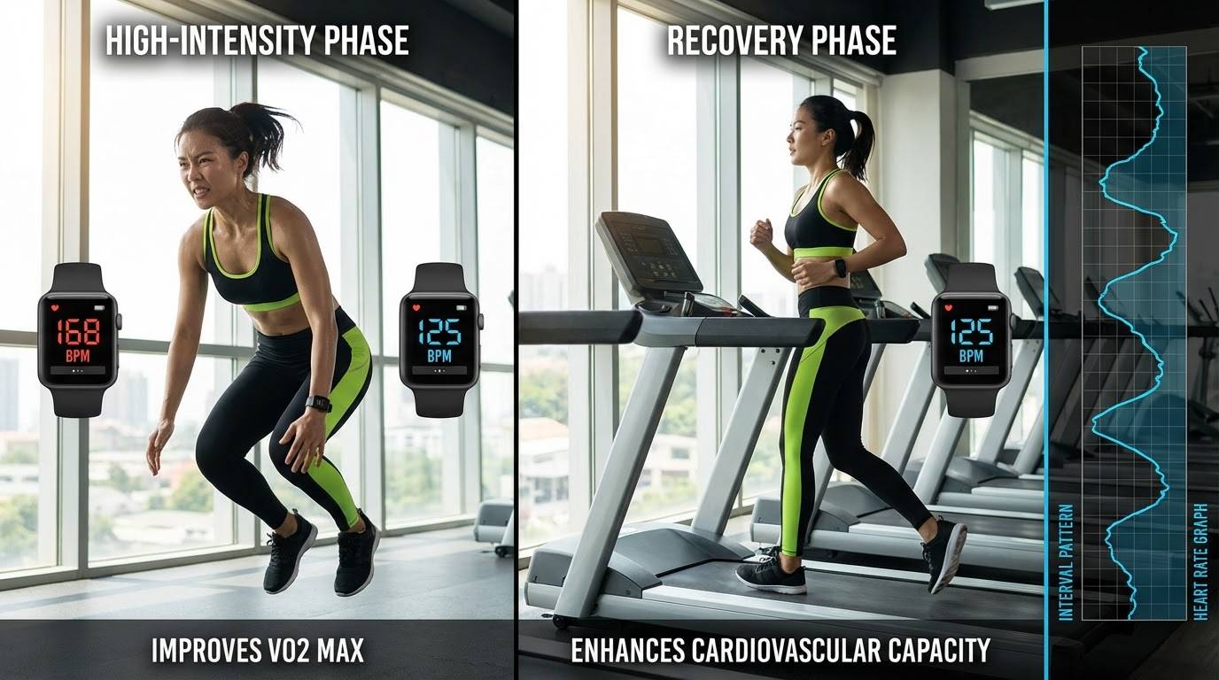 고강도와 저강도 운동을 반복하며 심박수를 조절하여 최대 산소 섭취량(VO2 Max)을 높이는 인터벌 트레이닝 이미지