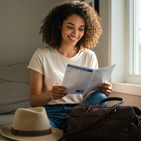 미국 여행을 위해 여성이 보험서류를 확인 하는 모습