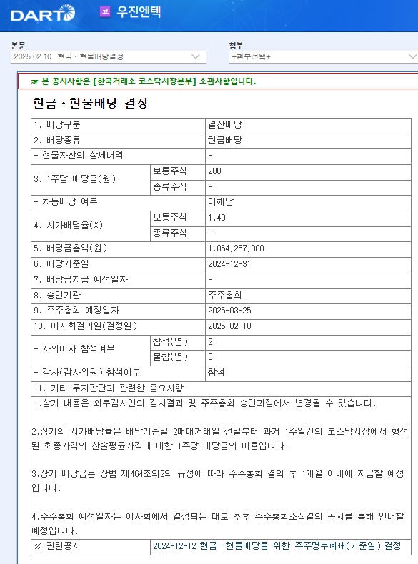 우진엔텍(457550) 2025년 배당, 배당금, 배당일