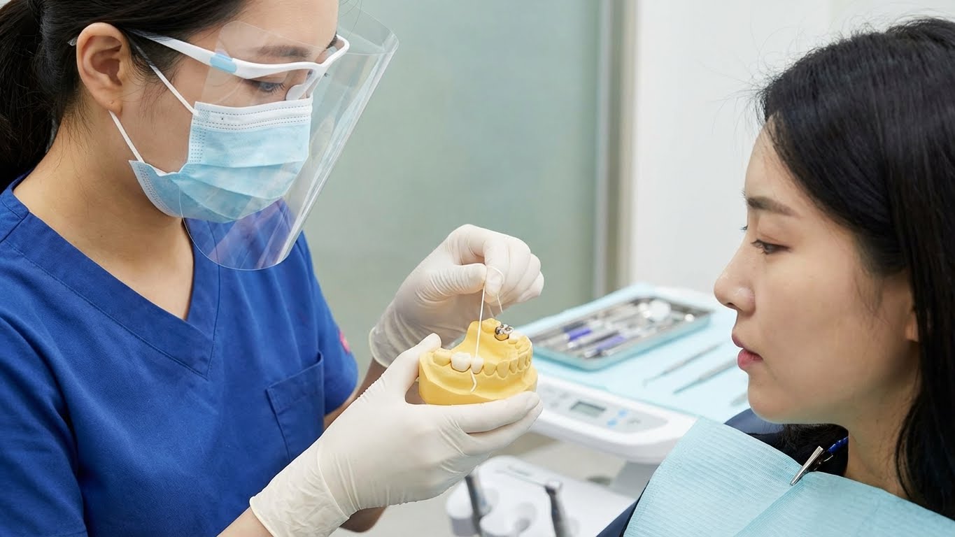 치위생사가 환자에게 치실 사용법을 알려주는 모습.