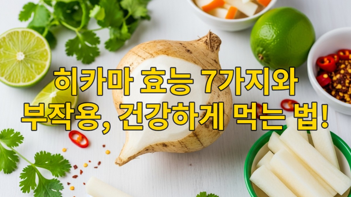껍질이 부분적으로 벗겨져 하얀 속살을 드러낸 신선한 히카마와 라임, 고수, 고춧가루 등 신선한 재료들이 놓여 있어 건강하고 시원한 느낌을 주는 이미지.
