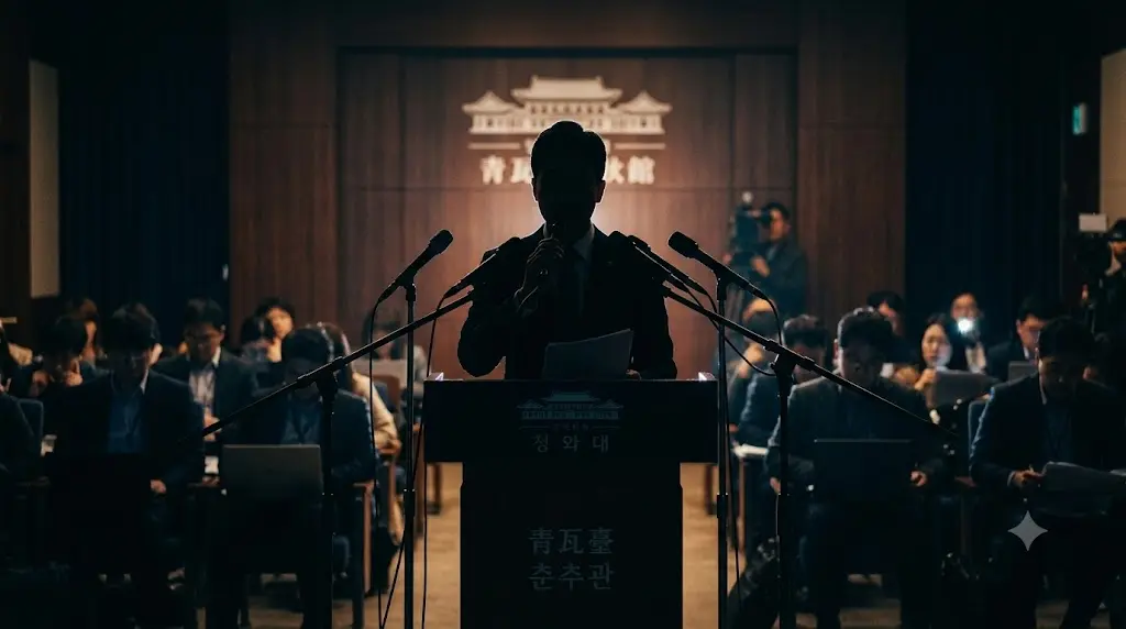 청와대 춘추관 브리핑 단상, 마이크 앞에 선 대변인 실루엣, 시네마틱 컬러그레이딩