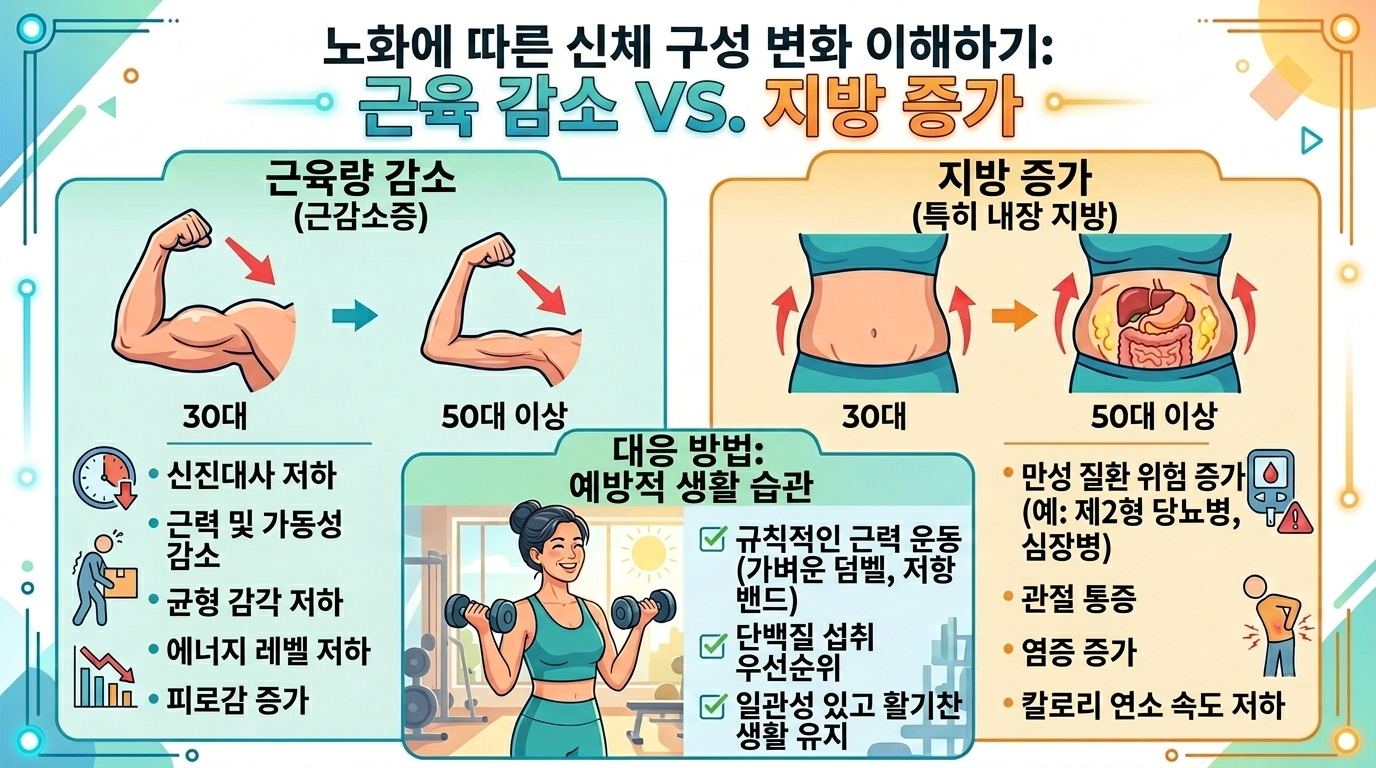 기초대사량 저하와 근육량의 상관관계를 보여주는 그래프, 40대 건강 관리를 위한 근력 운동 이미지