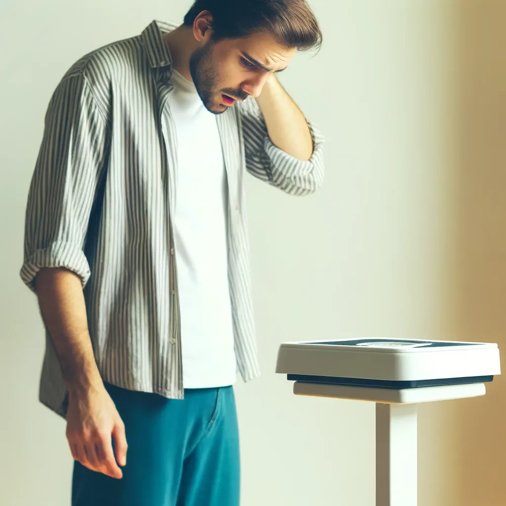 체중계 위에서 깜짝 놀란 표정을 짓는 사람, 갑작스러운 체중 감소를 경험하는 모습