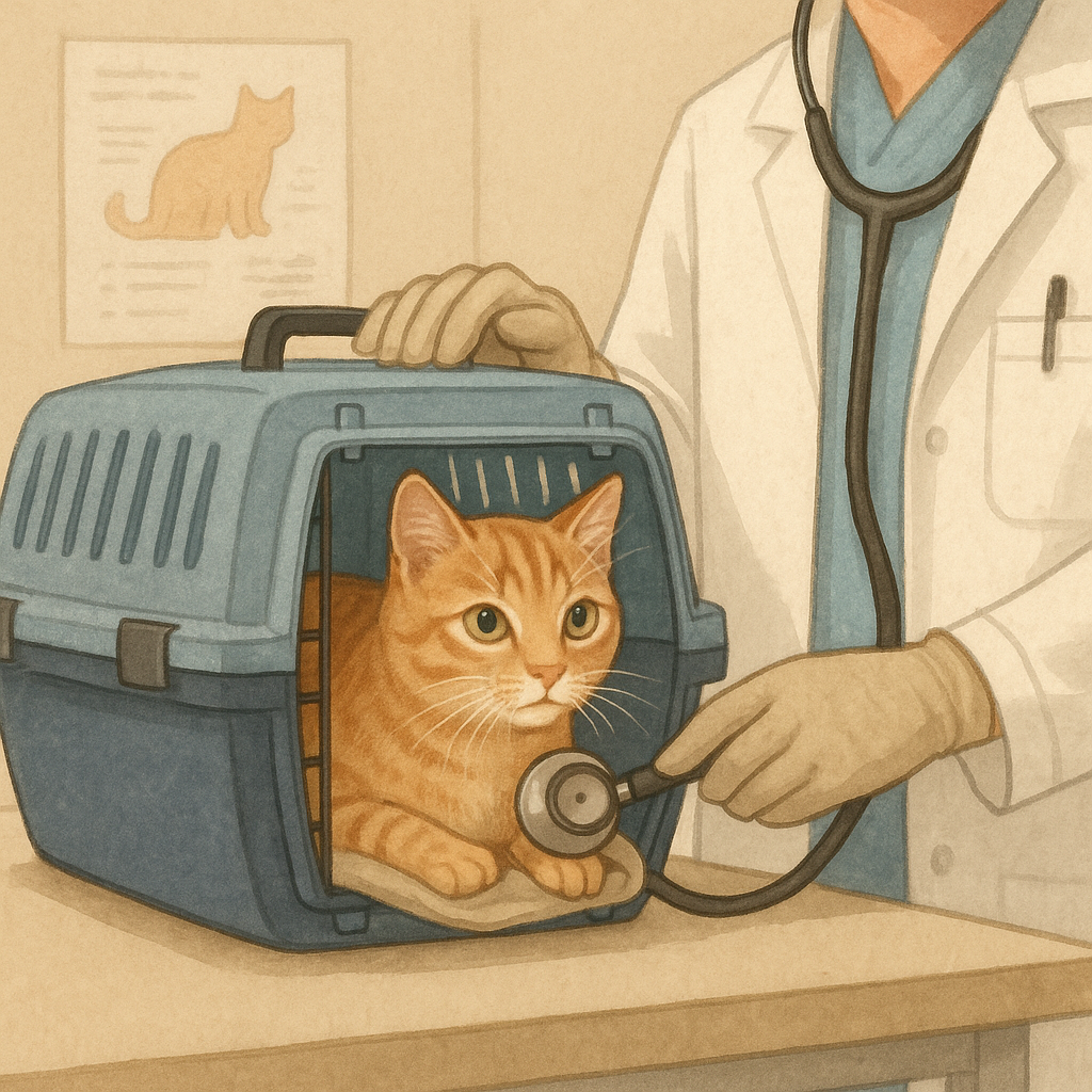 고양이 이동장 안에서 검사를 받고 있는 고양이