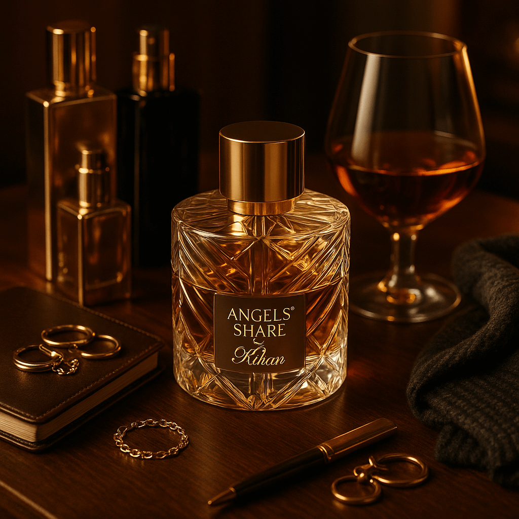 우아한 겨울 저녁, 따뜻한 조명 아래 한 커플이 촛불이 켜진 테이블에서 와인잔을 부딪히며 로맨틱한 순간을 나누고 있다. 여성은 따뜻한 브라운 드레스를 입고, 남성은 블랙 터틀넥 정장을 입은 모습. 테이블 위에는 "Angels&rsquo; Share by Kilian" 향수병이 은은하게 빛나며 놓여 있고, 배경에는 황금빛 페어리 라이트가 흐릿하게 반짝인다.
