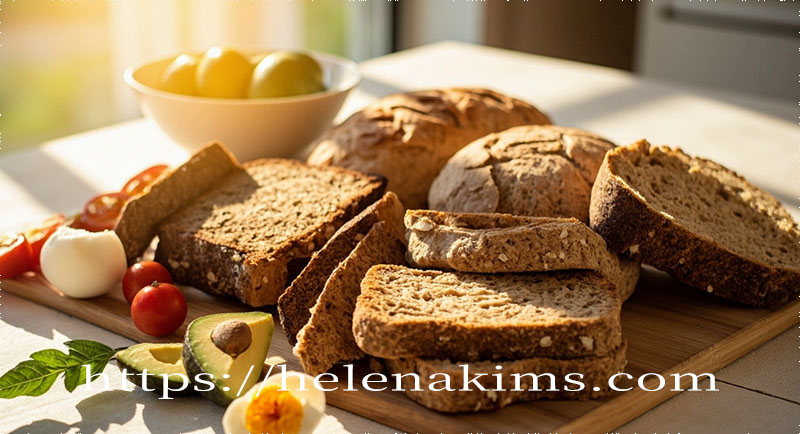 식탁 위에 아보카도, 삻은 달걀, 방울토마토와 함께 통곡물 식빵이 놓인 이미지.