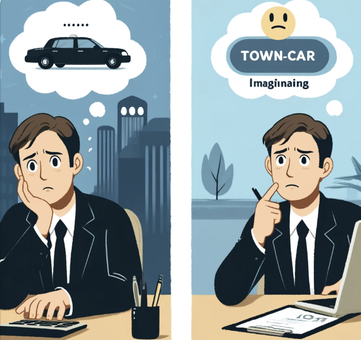 사무실에서 일하는 직장인이 타운카 단점 차주로 등록하는 모습을 상상하며 걱정하는 모습. 그러나 타운카 등록을 마친 뒤 수익을 확인하며 안심하는 장면