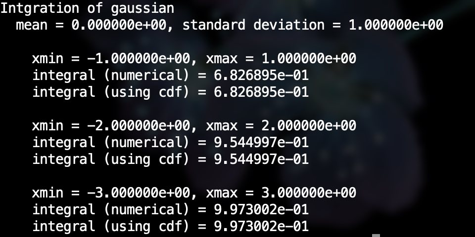 screenshot of terminal console, showing execution of an example program to evaluate integration of gaussian function.