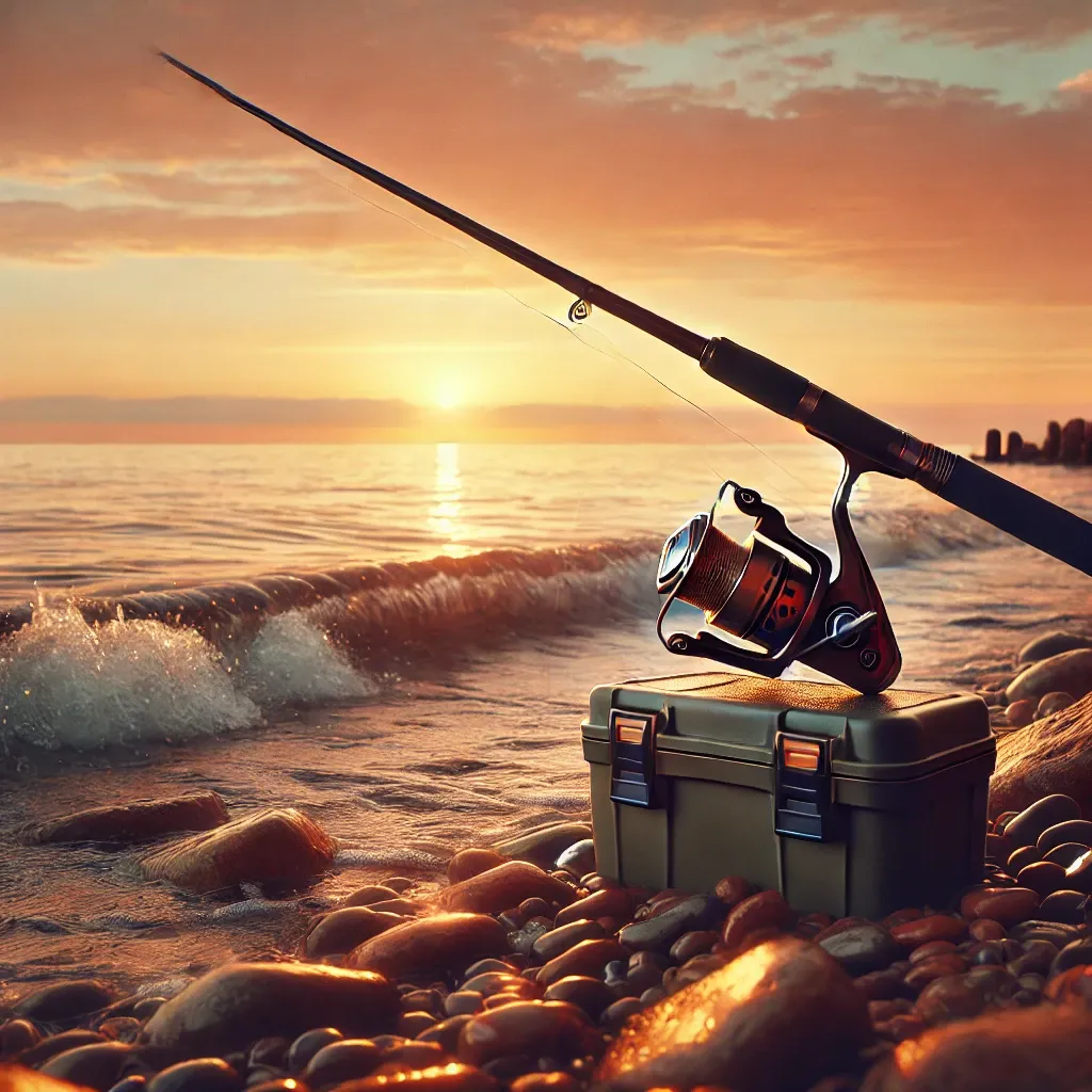 석양이 지는 해안가에 놓인 낚싯대와 태클 박스