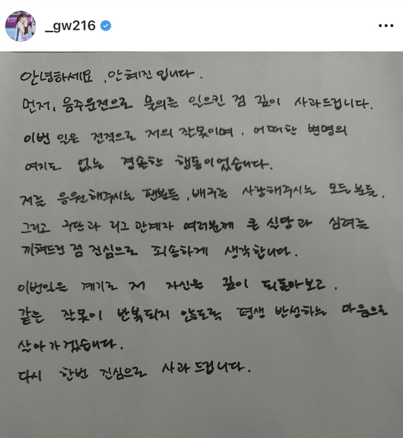 안혜진 배구선수 혈중알코올농도 면허정지 중징계 자필사과문
